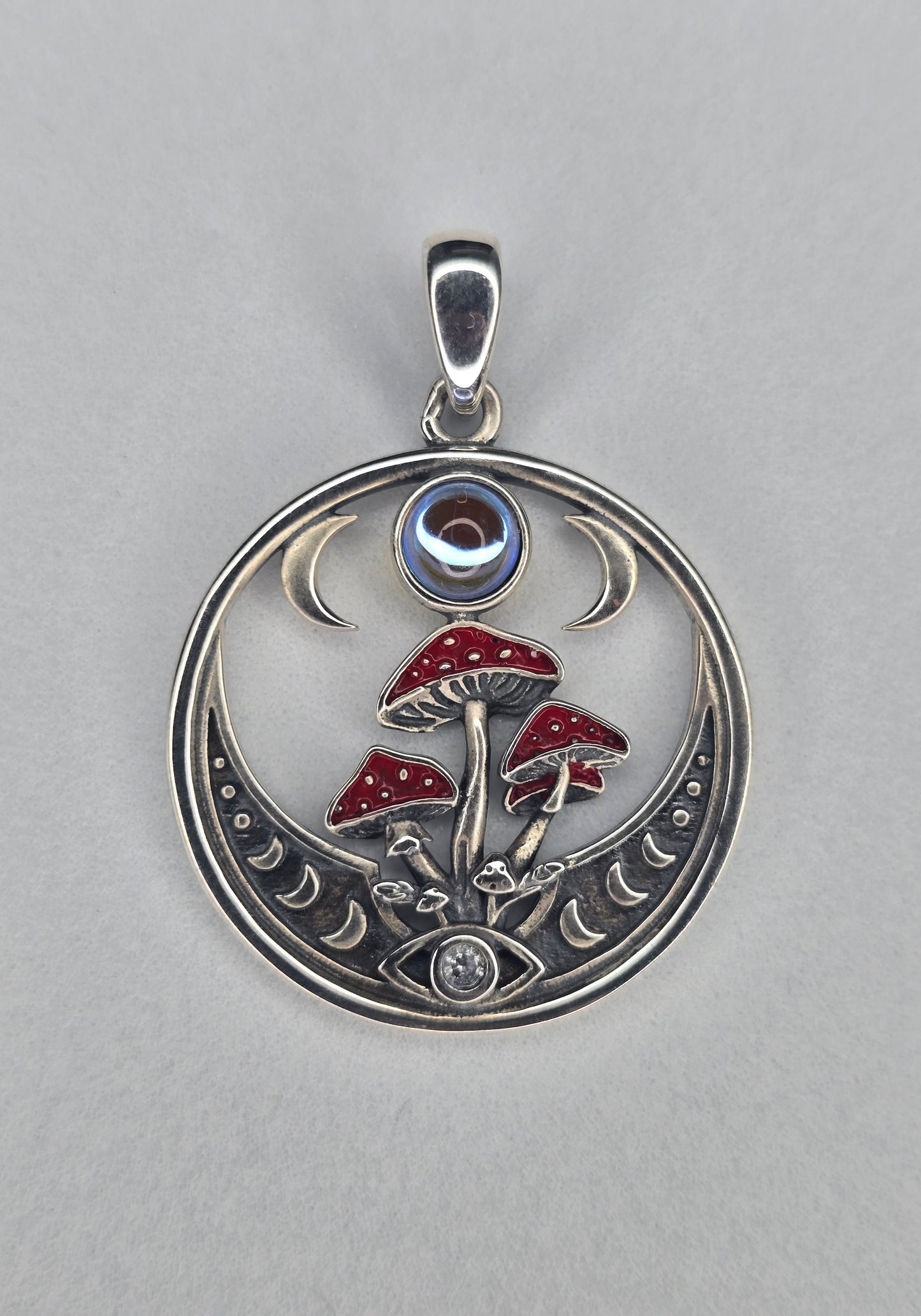 Moonstone Mushroom Pendant 925 Sterling Silver Crescent Moon