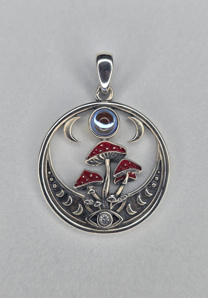 Moonstone Mushroom Pendant 925 Sterling Silver Crescent Moon