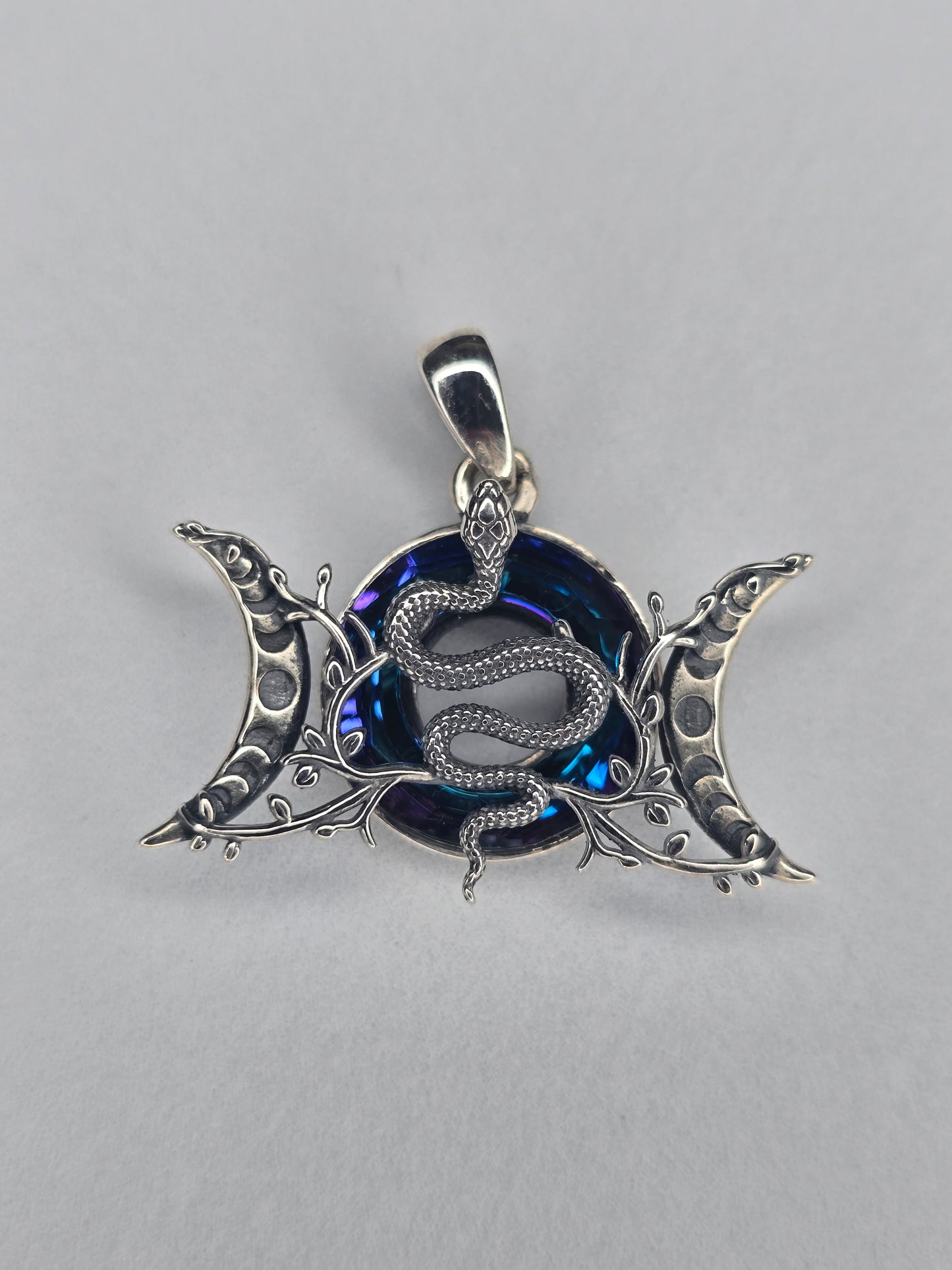 Triple Moon Snake Pendant 925 Sterling Silver Dichroic Glass