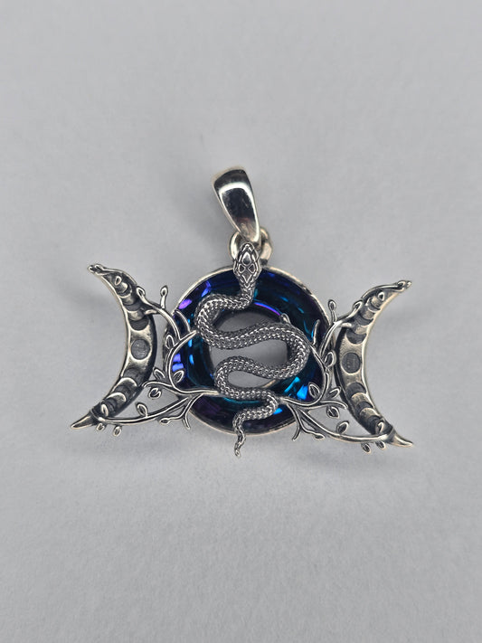 Triple Moon Snake Pendant 925 Sterling Silver Dichroic Glass