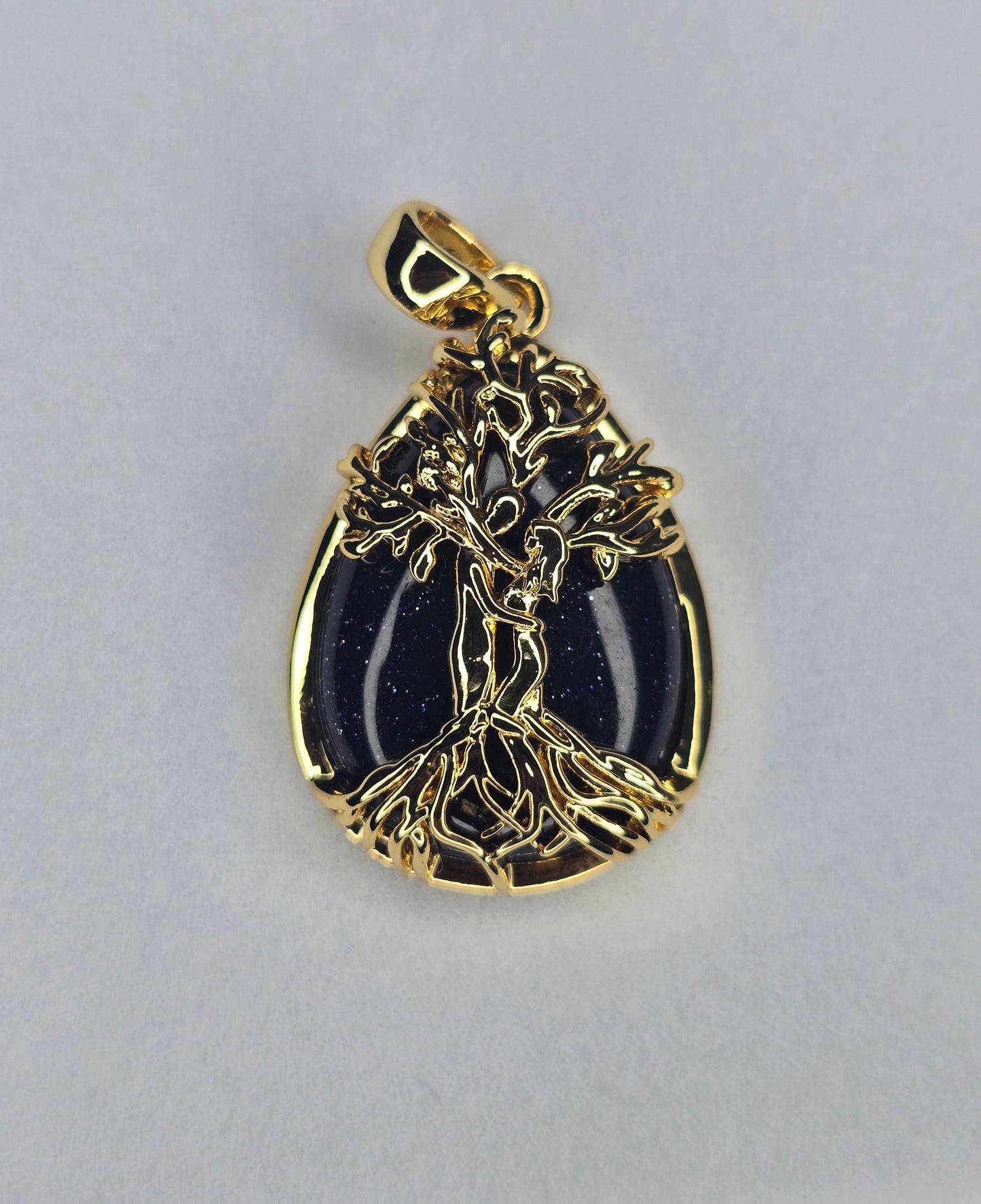 Tree of Life Pendant 925 Sterling Silver Gold Plated Blue Goldstone Teardrop