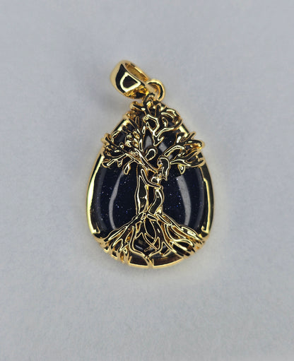 Tree of Life Pendant 925 Sterling Silver Gold Plated Blue Goldstone Teardrop