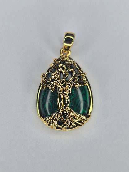 Tree of Life Pendant 925 Sterling Silver 18K Gold Plated Malachite Teardrop