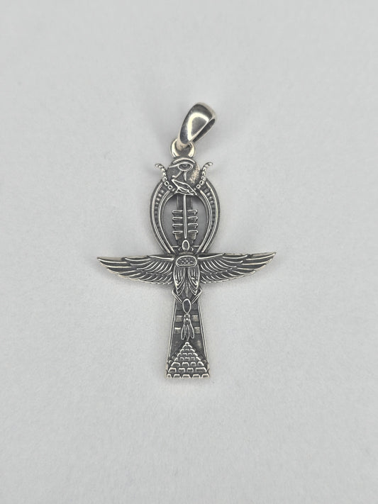 Ankh cross pendant with detailed eagle wings crafted in solid 925 sterling silver