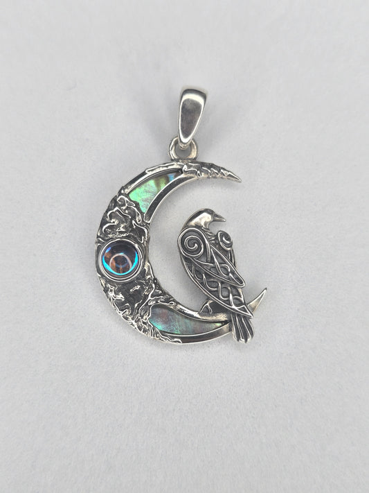 Celtic raven and crescent moon pendant in 925 sterling silver with abalone inlay and moonstone