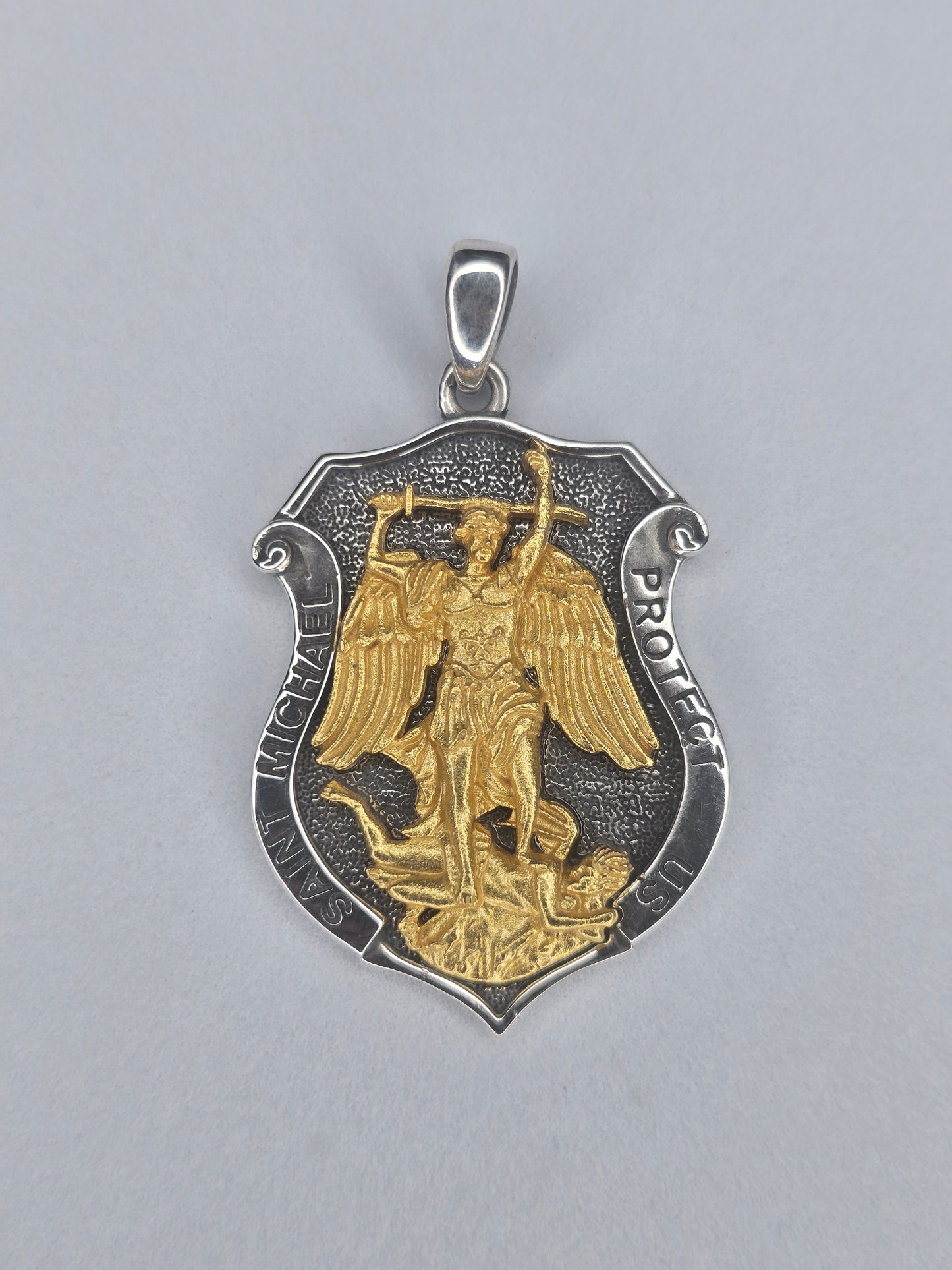 Saint Michael Archangel shield pendant in 925 sterling silver with gold plated details