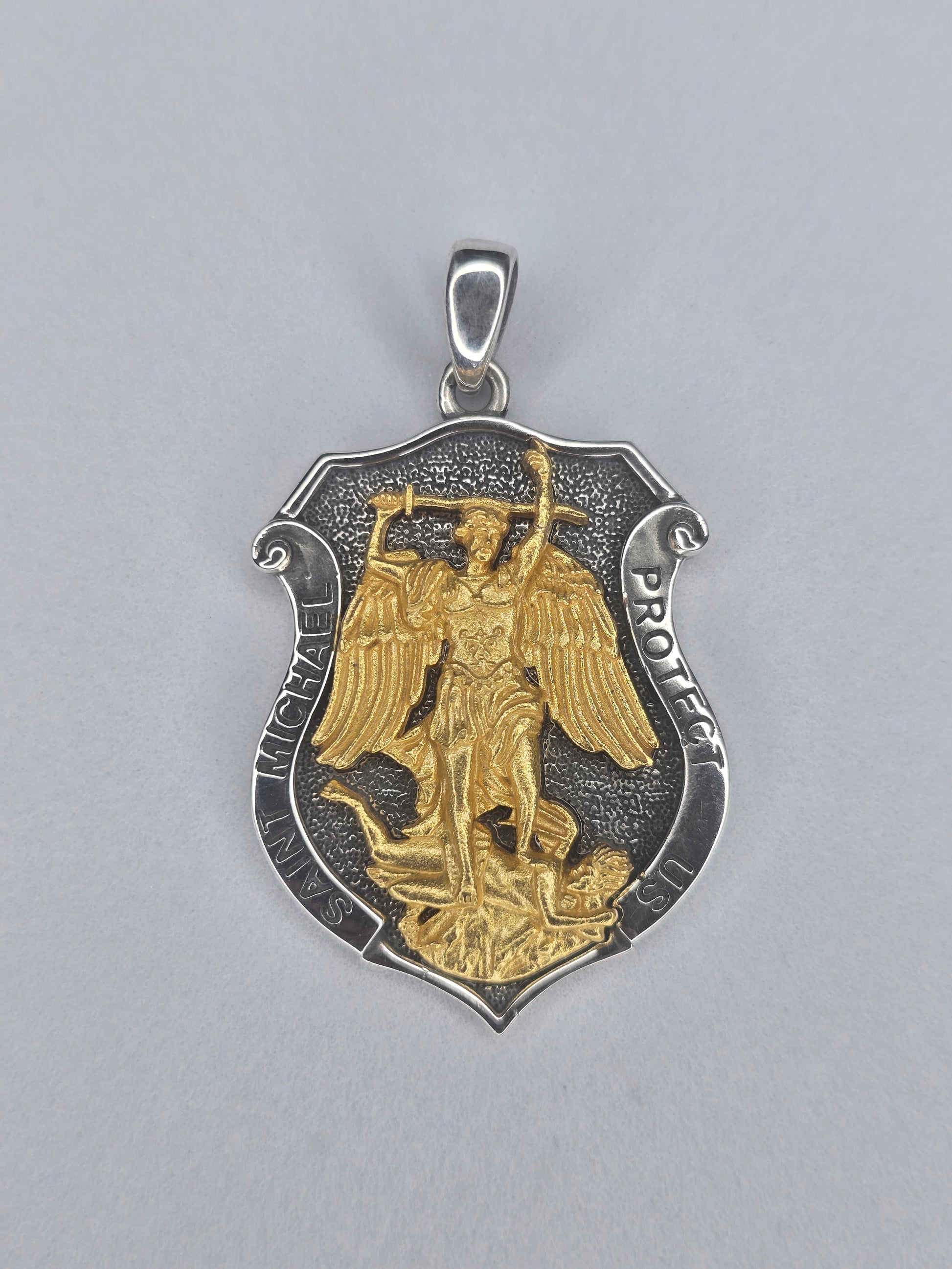 Saint Michael Archangel shield pendant in 925 sterling silver with gold plated details
