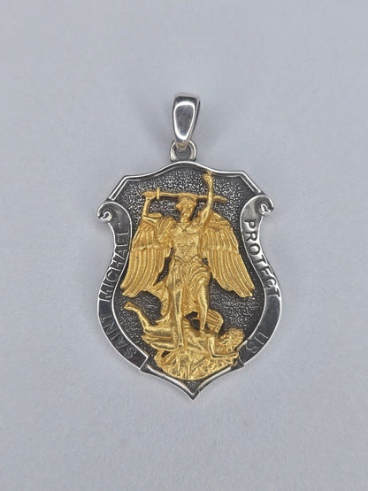 Saint Michael Archangel shield pendant in 925 sterling silver with gold plated details