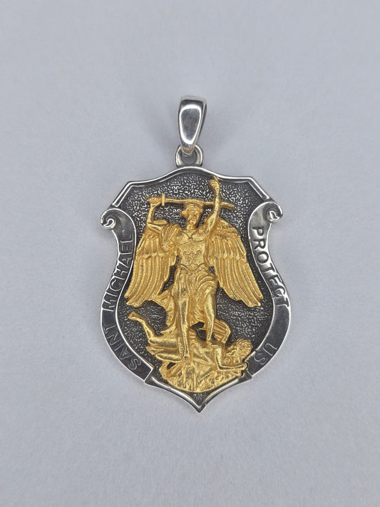 Saint Michael Archangel shield pendant in 925 sterling silver with gold plated details