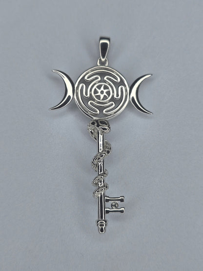 Hekate wheel pendant in 925 sterling silver with snake and triple moon symbol