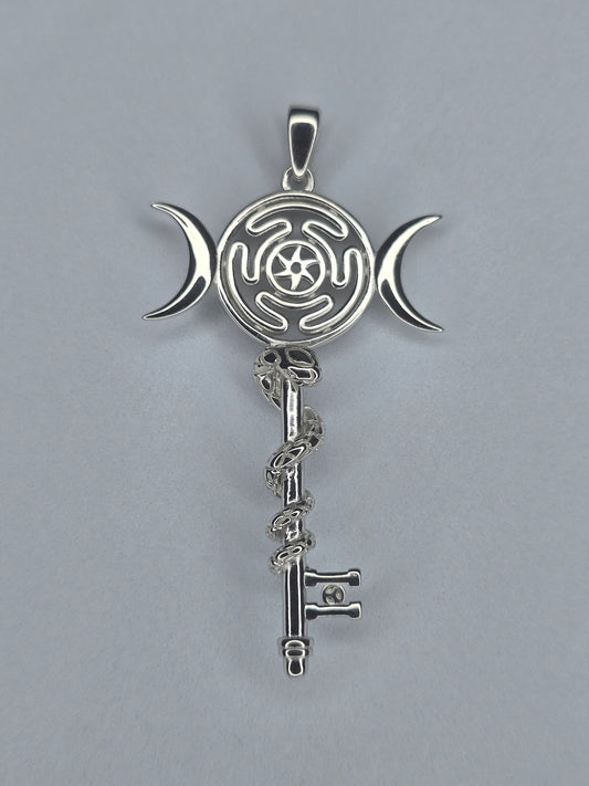 Hekate wheel pendant in 925 sterling silver with snake and triple moon symbol