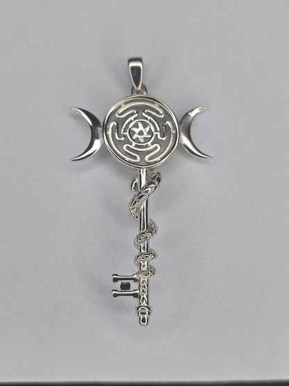 Rear view of Hekate wheel snake key pendant in sterling silver
