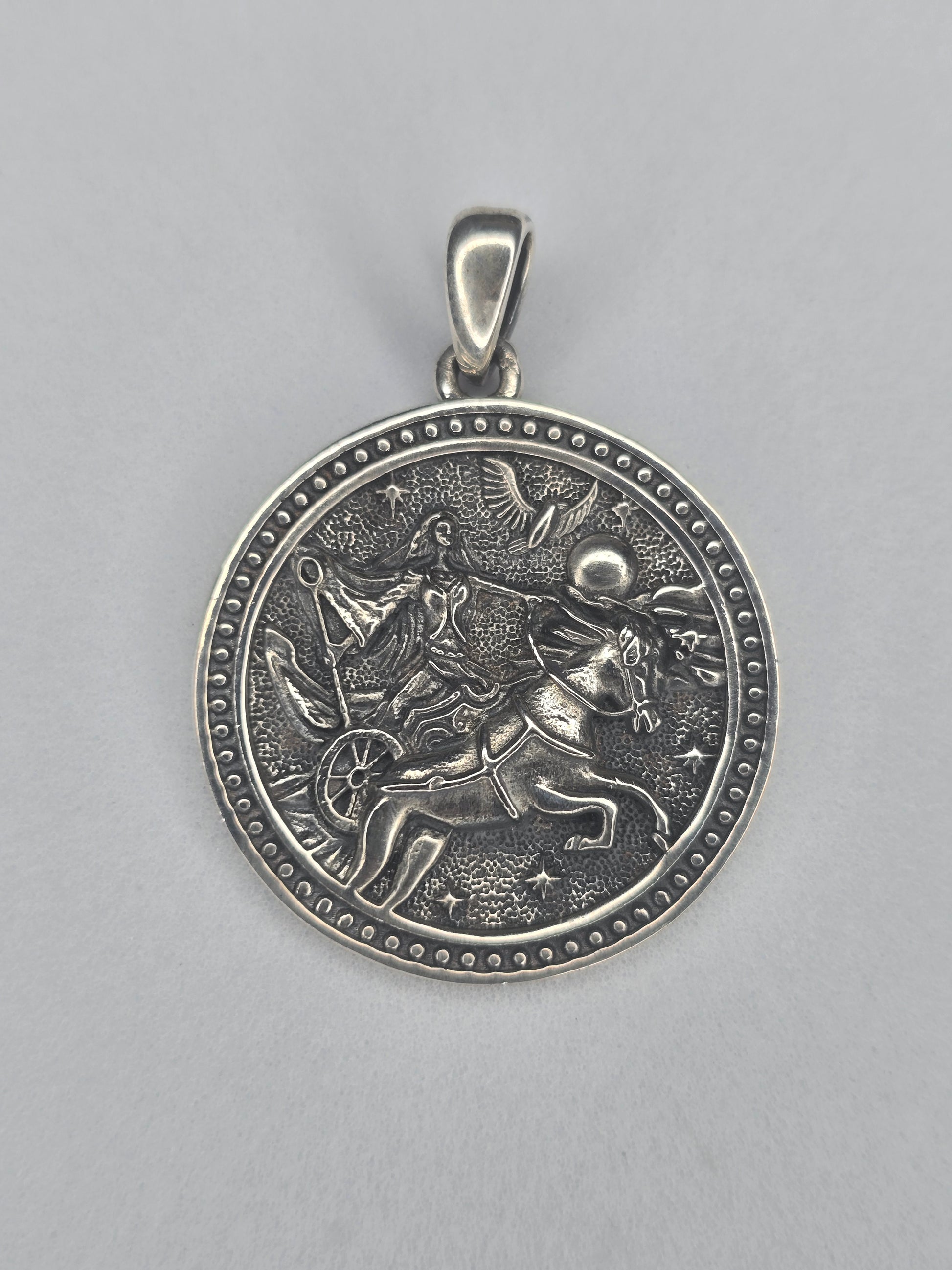 Nyx goddess pendant in solid 925 sterling silver with mythological night scene engraving