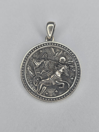Nyx goddess pendant in solid 925 sterling silver with mythological night scene engraving