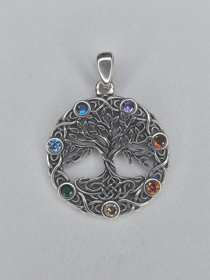 Tree of Life chakra pendant in solid 925 sterling silver with seven multicolour chakra stones
