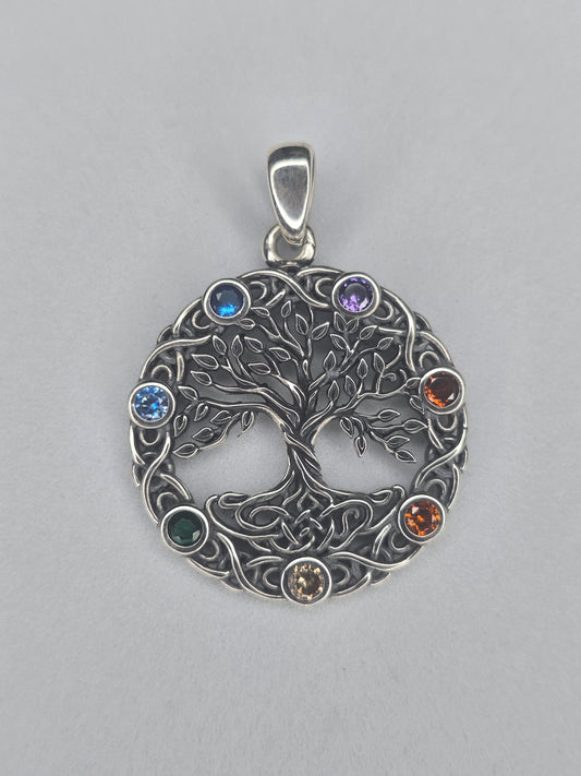 Tree of Life chakra pendant in solid 925 sterling silver with seven multicolour chakra stones