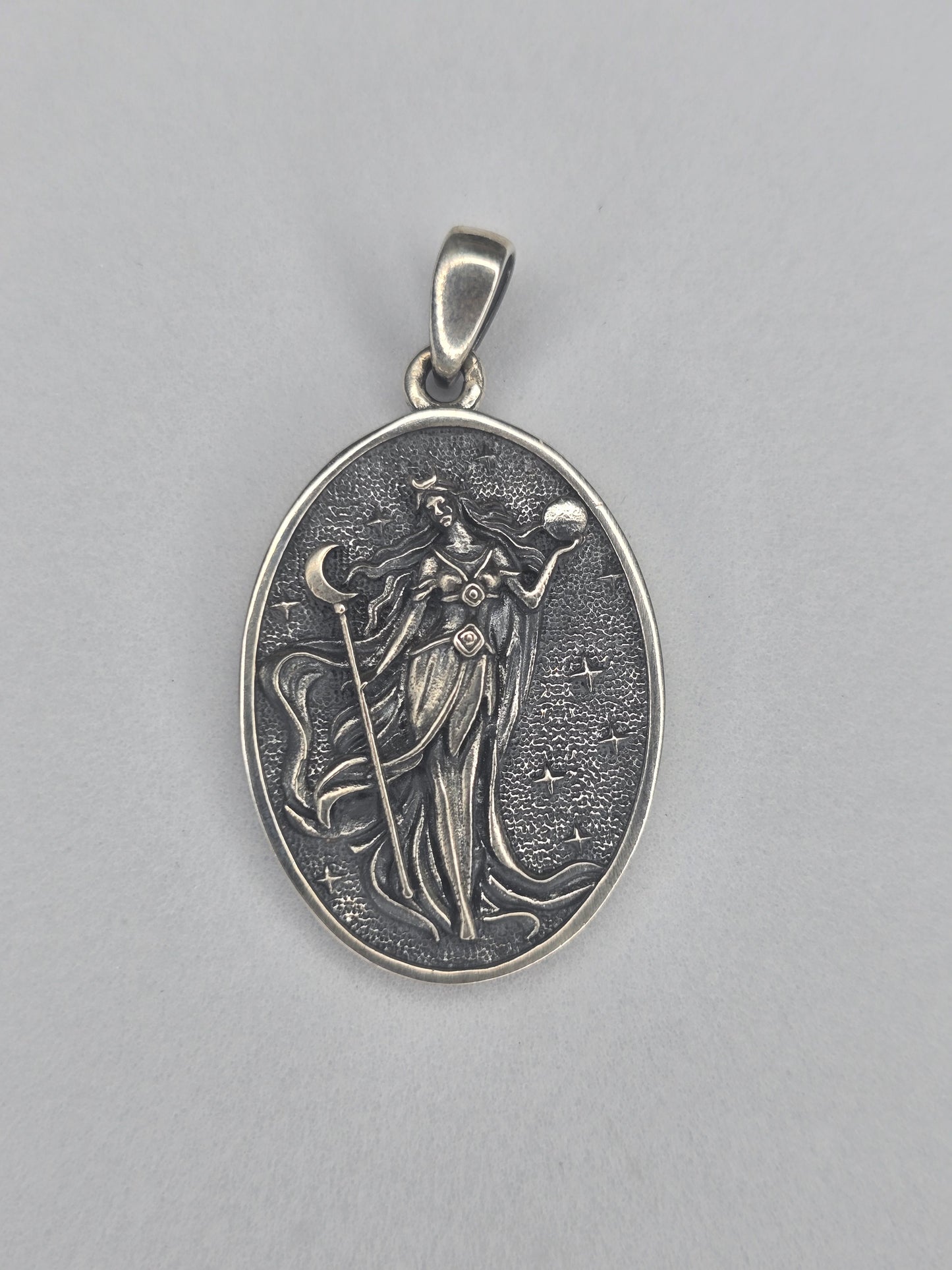 Nyx moon goddess pendant in 925 sterling silver with lunar symbols