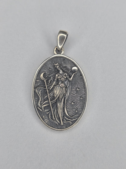 Nyx moon goddess pendant in 925 sterling silver with lunar symbols