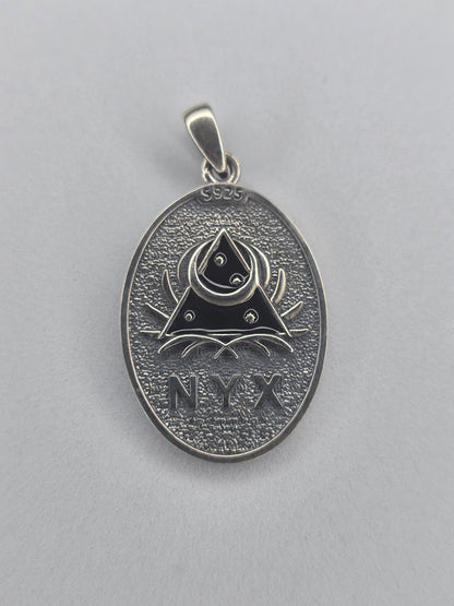Back view of Nyx pendant with NYX engraving and night symbols