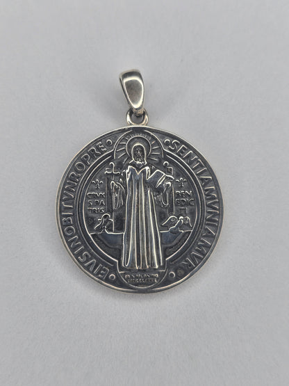 Saint Benedict medal pendant in solid 925 sterling silver with traditional Latin inscriptions