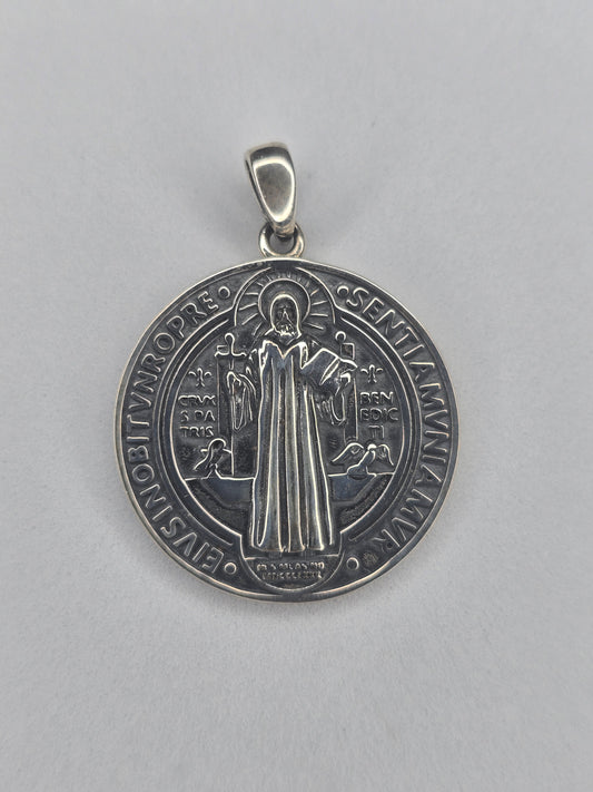 Saint Benedict medal pendant in solid 925 sterling silver with traditional Latin inscriptions