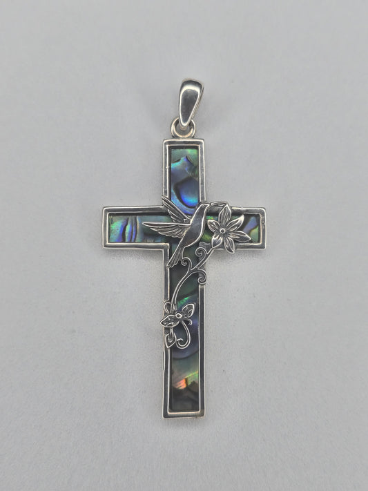 Dove cross pendant in solid 925 sterling silver with abalone shell inlay and Holy Spirit symbol