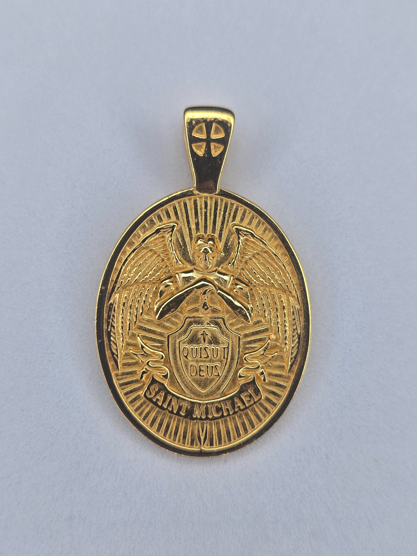 Saint Michael Archangel medal in 925 sterling silver with 18K gold plating and Quis Ut Deus shield