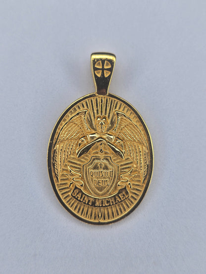 Saint Michael Archangel medal in 925 sterling silver with 18K gold plating and Quis Ut Deus shield
