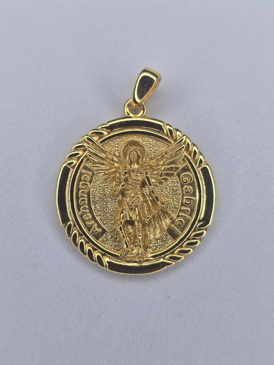 Saint Gabriel Archangel medal in 925 sterling silver with 18K gold plating and raised angel relief