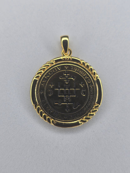 Back view of Saint Gabriel medal with engraved angelic seal and sacred symbols
