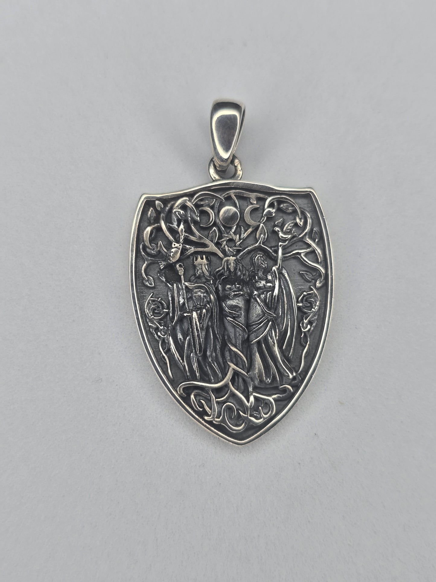 Triple Moon Goddess shield pendant in 925 sterling silver with lunar symbol relief
