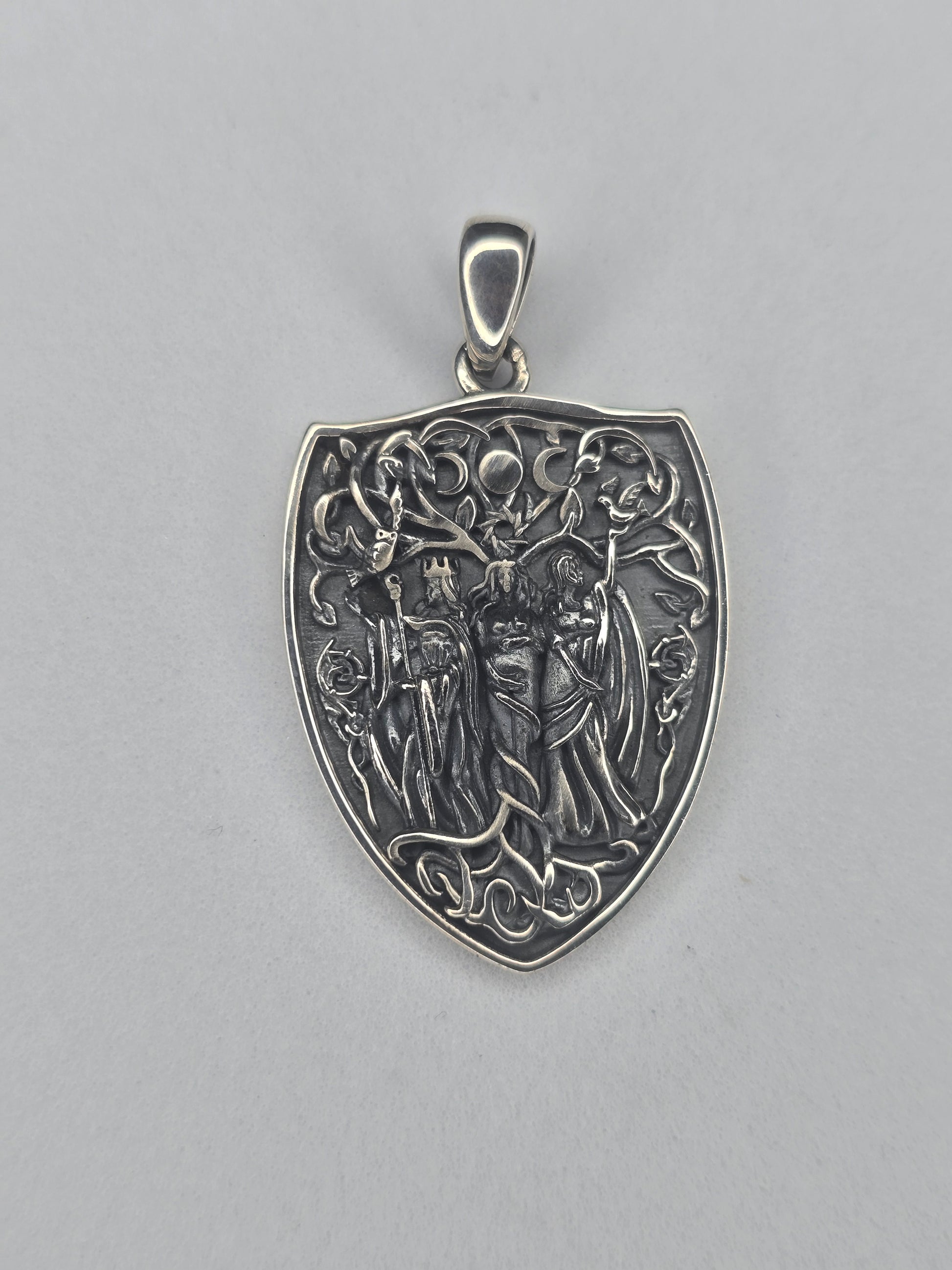 Triple Moon Goddess shield pendant in 925 sterling silver with lunar symbol relief