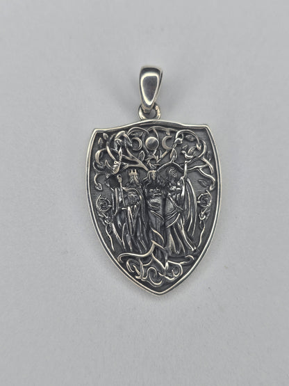 Triple Moon Goddess shield pendant in 925 sterling silver with lunar symbol relief