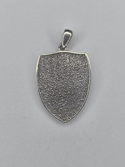 Back view of Triple Moon Goddess shield pendant in 925 sterling silver with textured finish