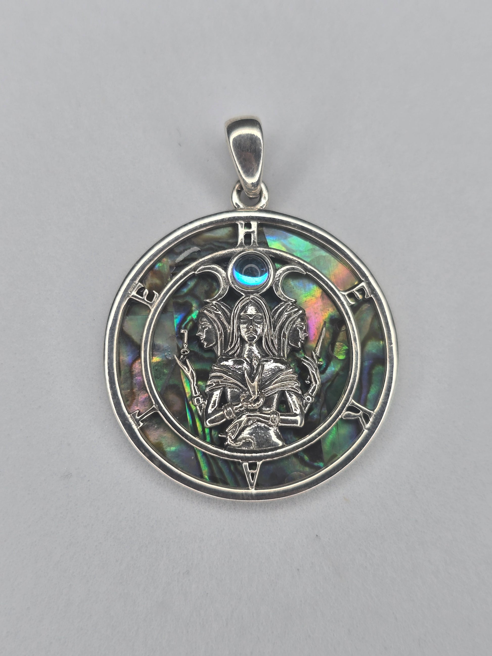 Triple Moon Goddess Hecate pendant in 925 sterling silver with abalone shell inlay