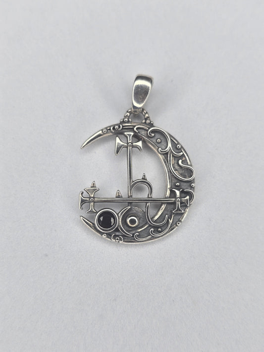 Lilith Moon Demon Sigil Anhänger 925 Sterling Silber mit schwarzem Achat-Akzent 