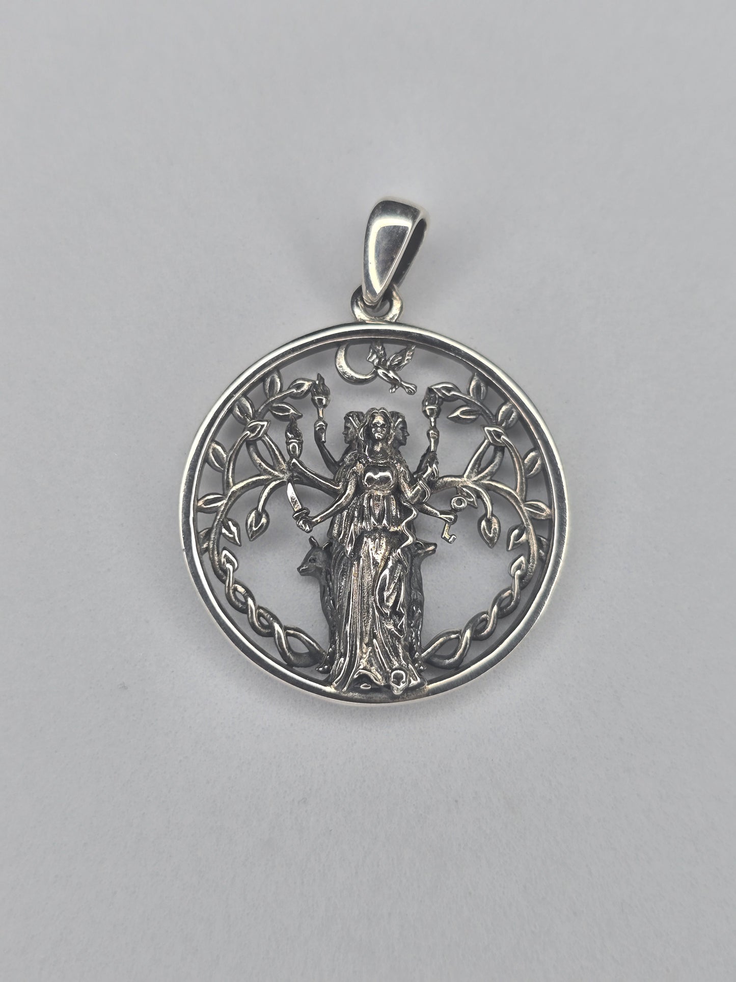Hecate Goddess Triple Moon pendant in 925 sterling silver with pagan openwork design