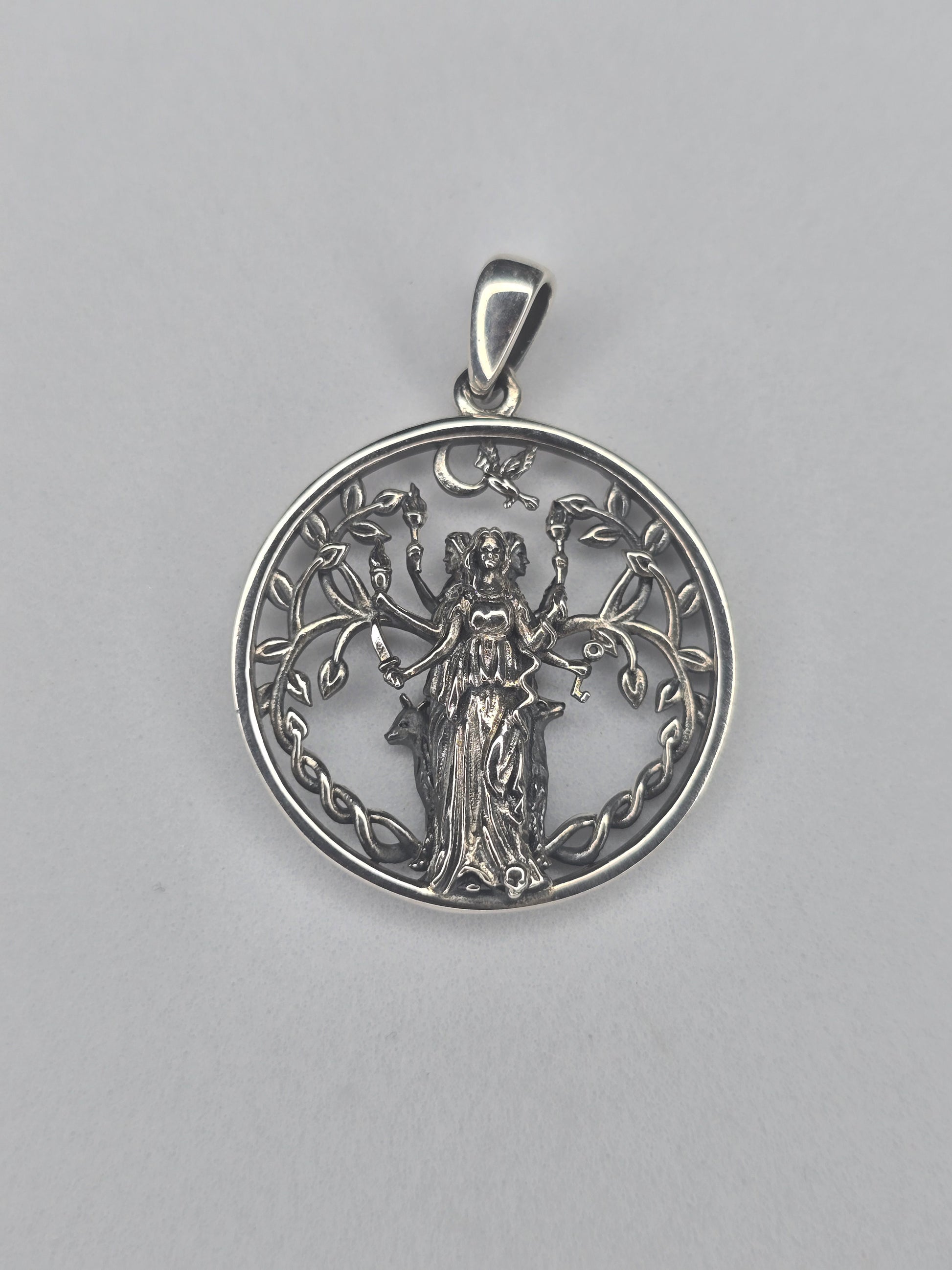 Hecate Goddess Triple Moon pendant in 925 sterling silver with pagan openwork design