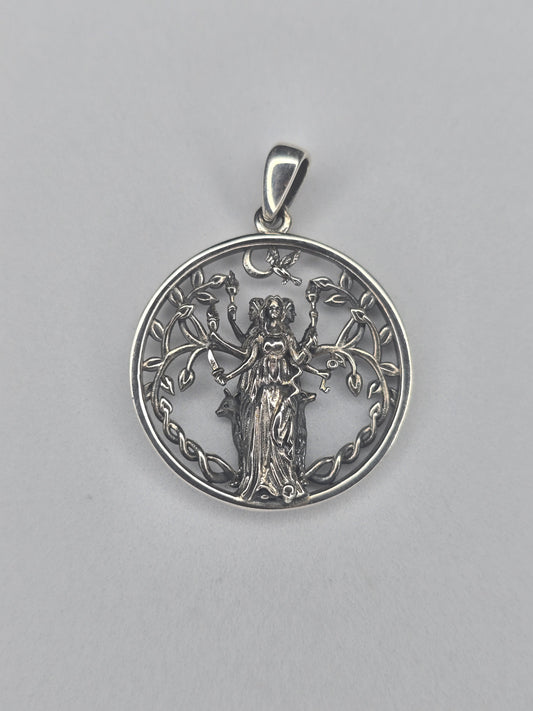 Hecate Goddess Triple Moon pendant in 925 sterling silver with pagan openwork design