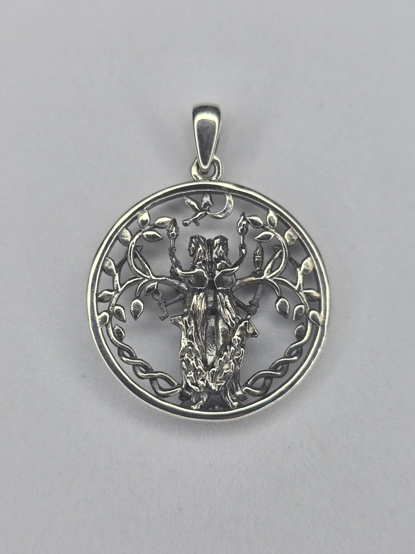 Back view of Hecate Goddess pendant in 925 sterling silver with textured finish