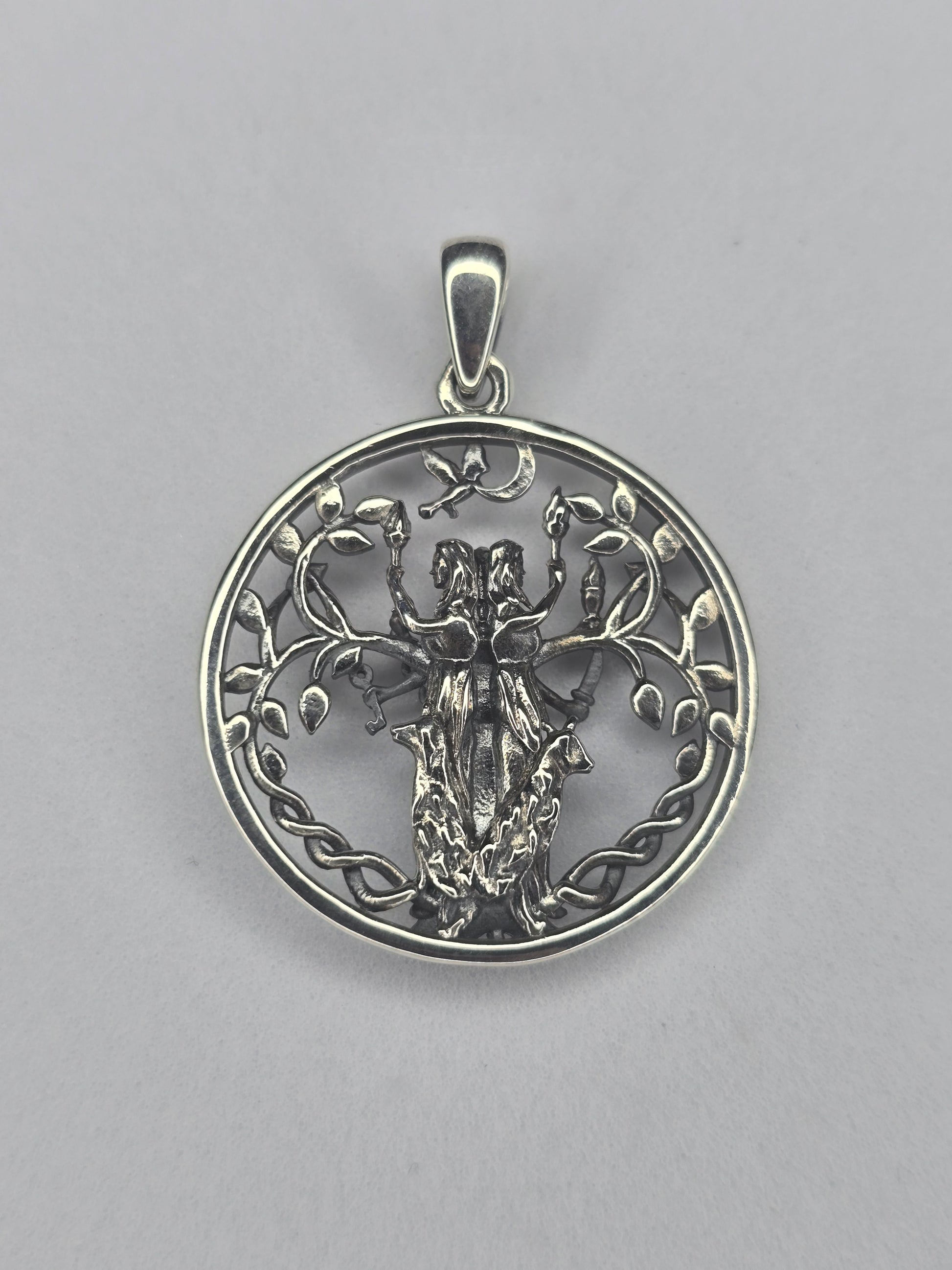 Back view of Hecate Goddess pendant in 925 sterling silver with textured finish