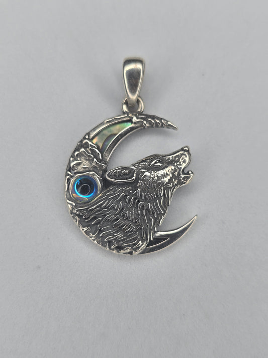 Wolf crescent moon pendant in 925 sterling silver with natural abalone shell inlay