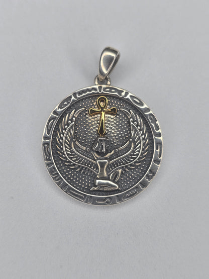 Egyptian Ankh cross amulet in solid 925 sterling silver with winged design and gold-tone accents