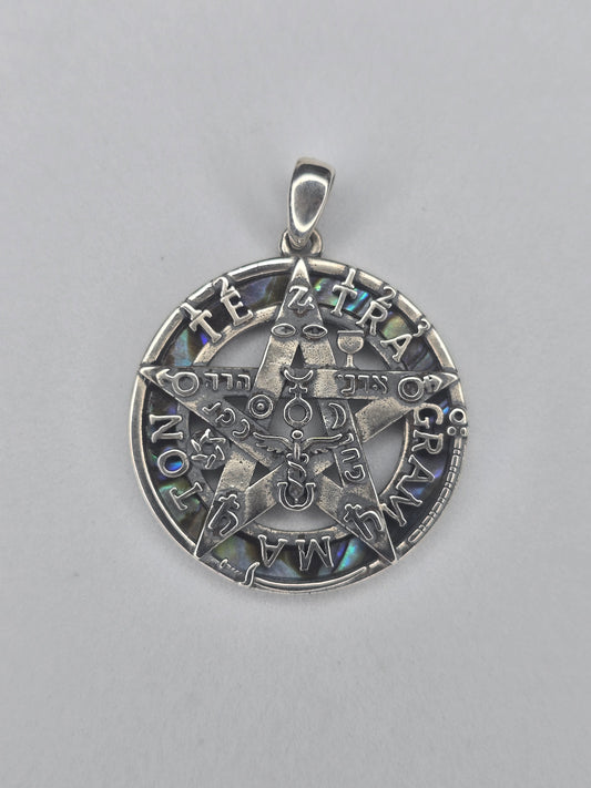 Tetragrammaton chakra pentagram pendant in 925 sterling silver with abalone shell inlay