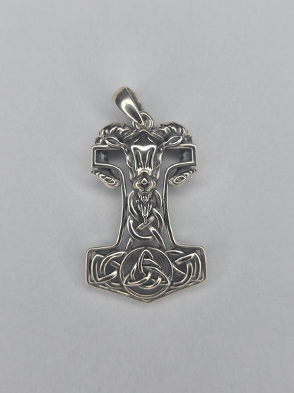 Thor’s Hammer Mjolnir pendant in solid 925 sterling silver with goat head and Norse rune details