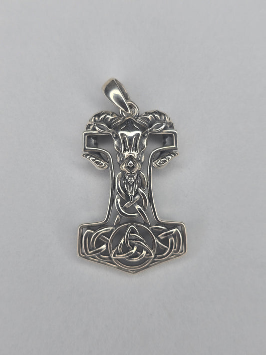 Thor’s Hammer Mjolnir pendant in solid 925 sterling silver with goat head and Norse rune details