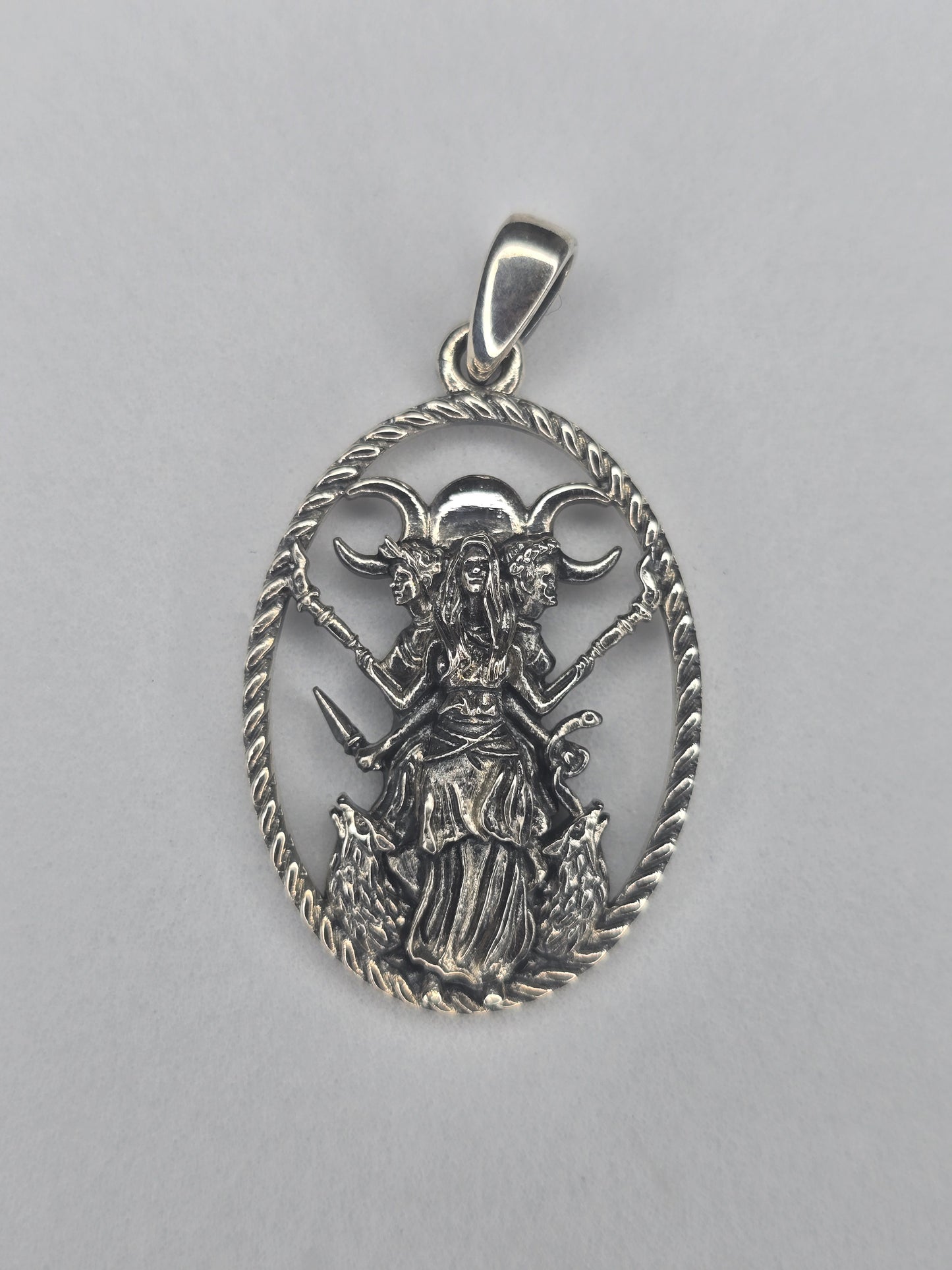 Triple Moon Goddess Hecate pendant in 925 sterling silver with openwork pagan design
