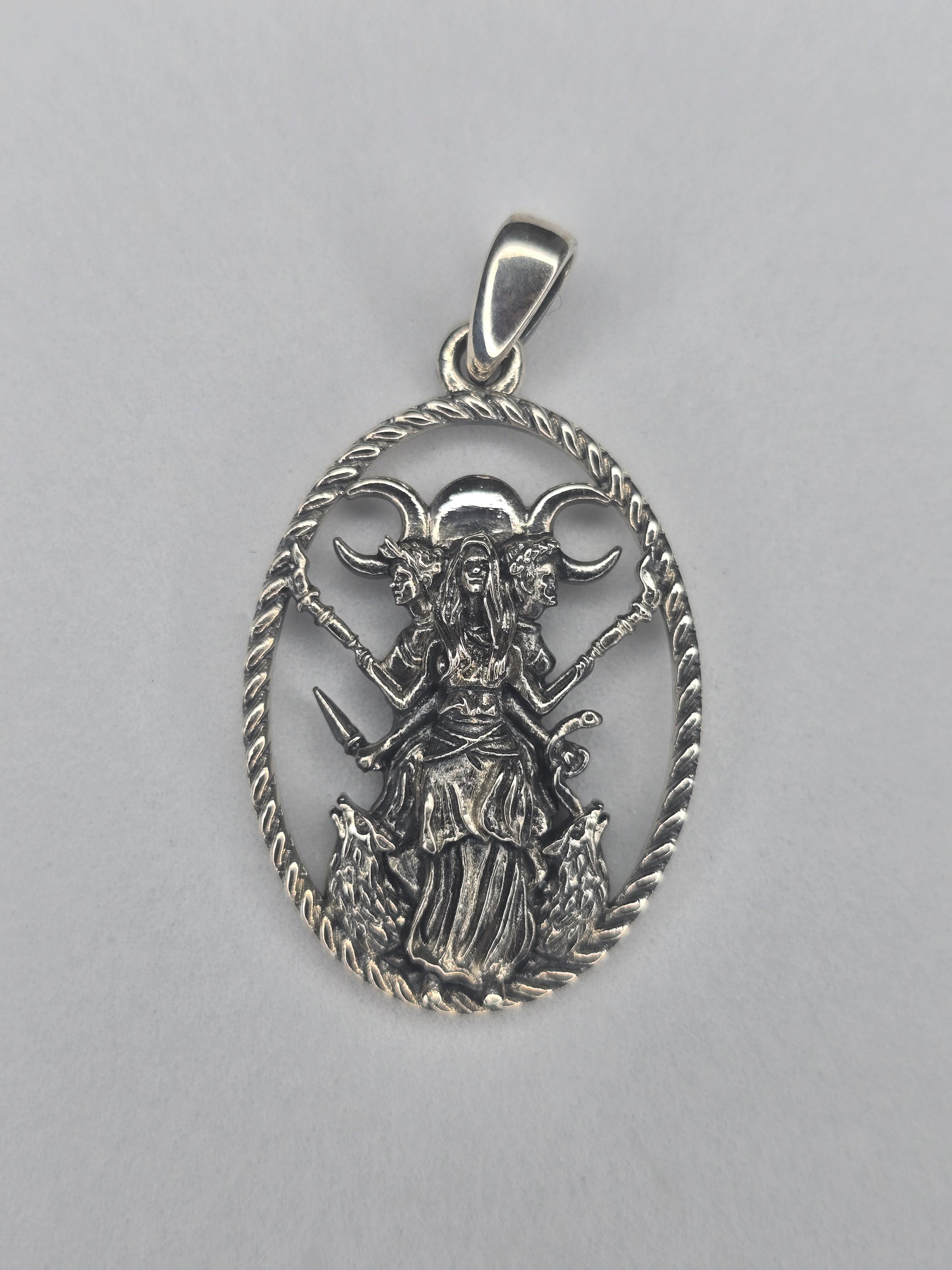 Triple Moon Goddess Hecate pendant in 925 sterling silver with openwork pagan design