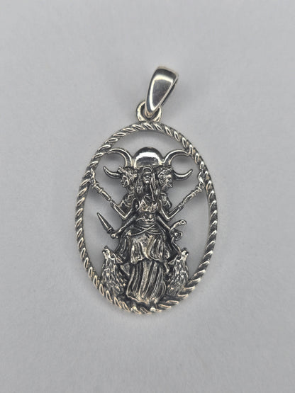 Triple Moon Goddess Hecate pendant in 925 sterling silver with openwork pagan design