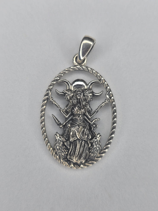 Triple Moon Goddess Hecate pendant in 925 sterling silver with openwork pagan design